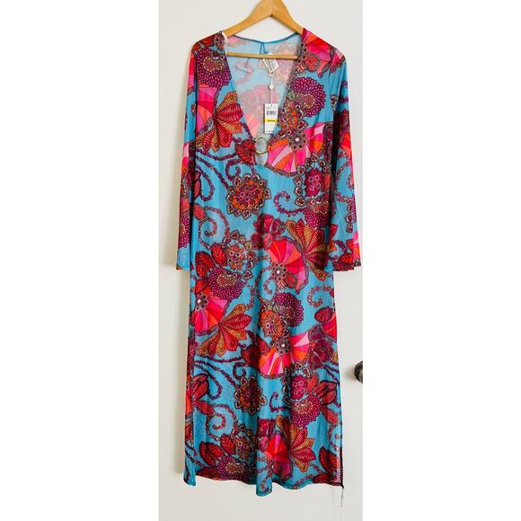 NWT Trina Turk Long-Sleeve V-Neck Mesh Maxi Dress Summer A-Line Swim Cover-Up M - Picture 1 of 5
